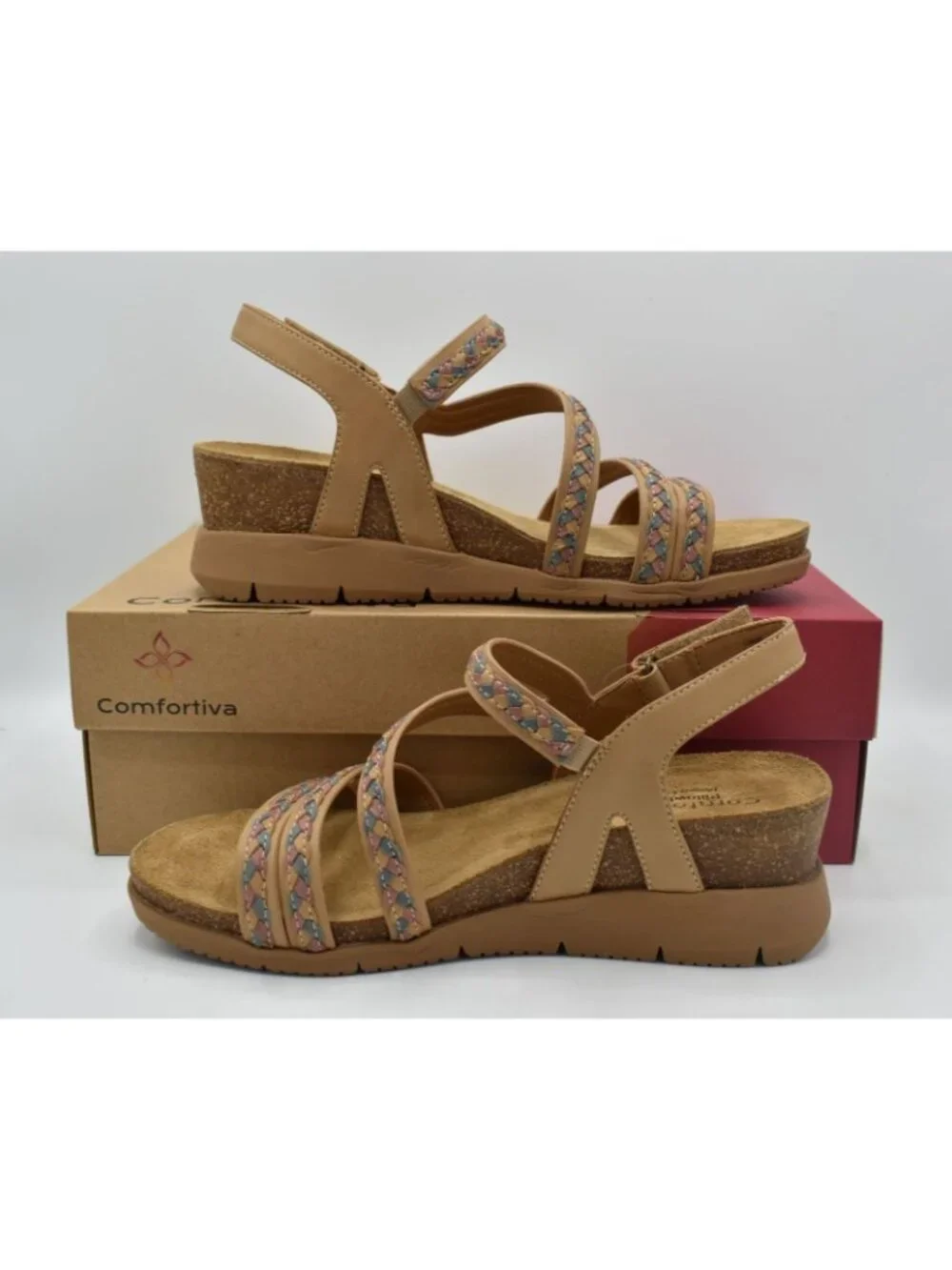 Comfortiva Women 9.5‎ Silvia Caramel Multi Color Leather Wedge Strappy Sandals